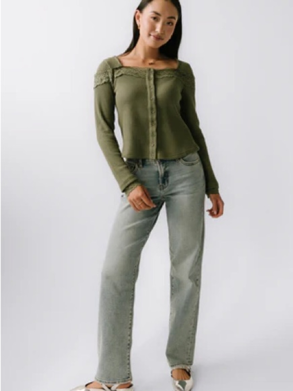 bohme Olive Green Lace Trim Waffle Button-Down Top